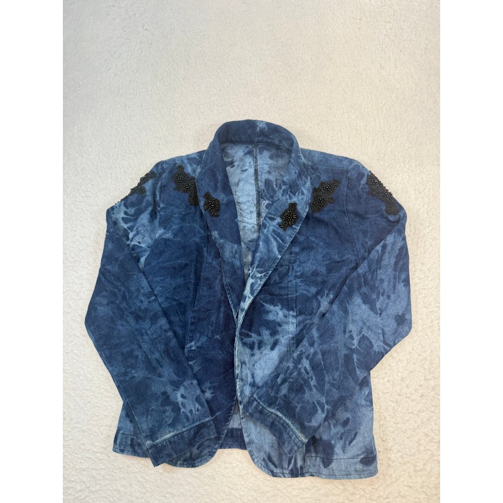 Frieda Blue Acid Wash Denim Blazer Beaded Fringe Embellished Jacket Womens